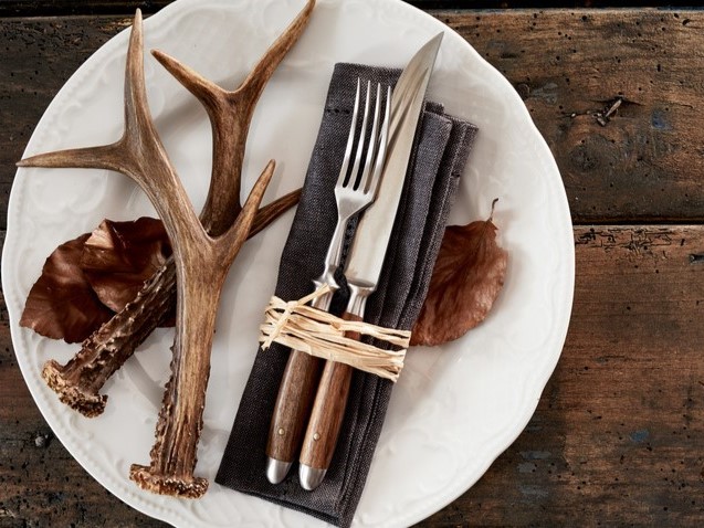 Deer antlers with cutlery on plate